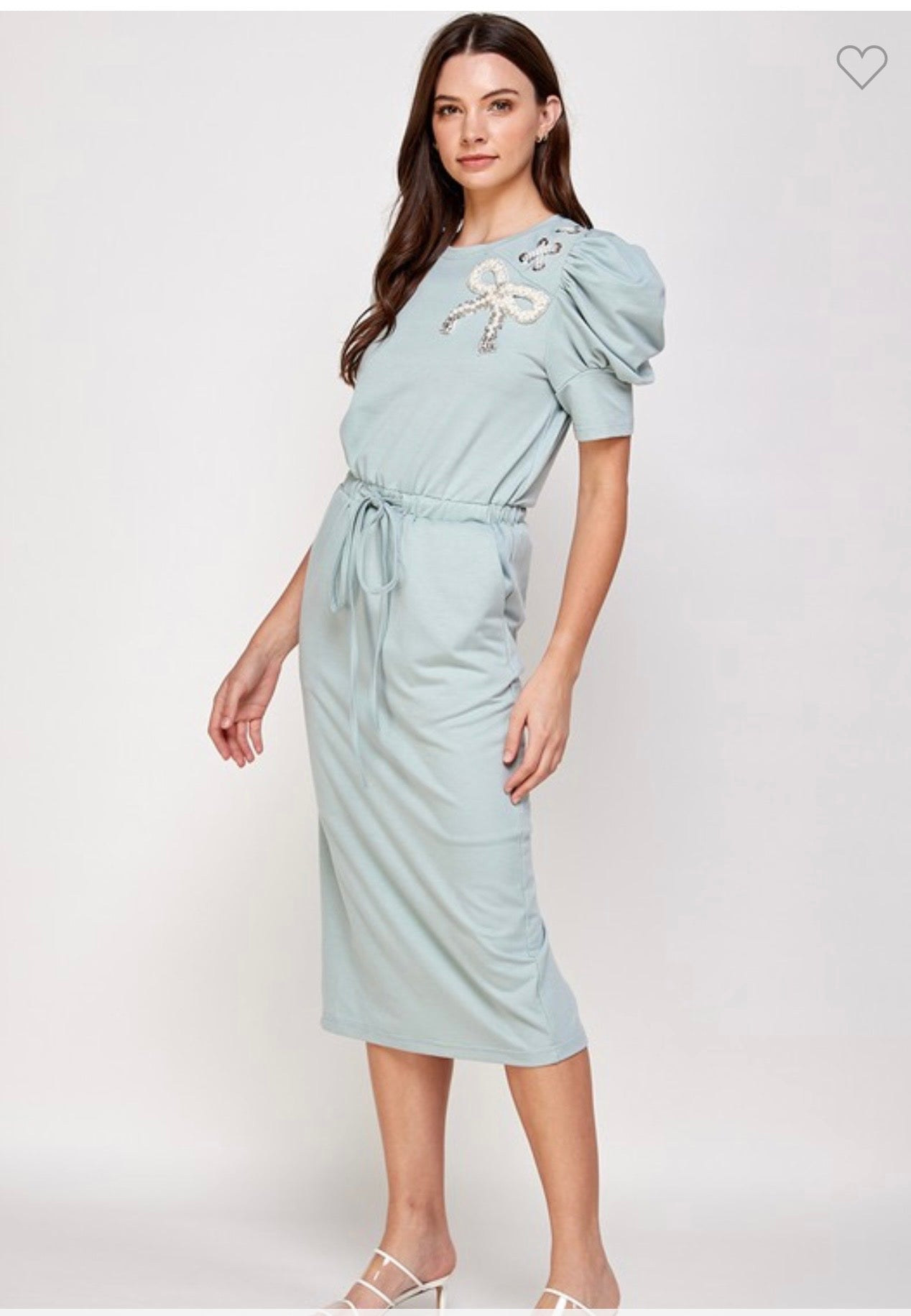 Solid Puff Sleeve Pearl Trim Tied Dress