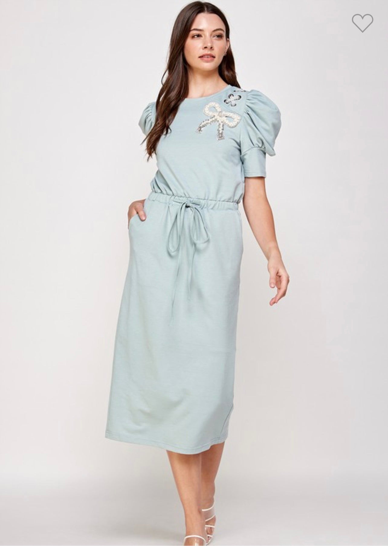 Solid Puff Sleeve Pearl Trim Tied Dress