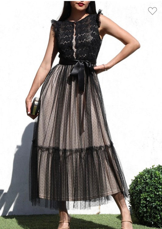 Ruffled Mesh Midi Dress