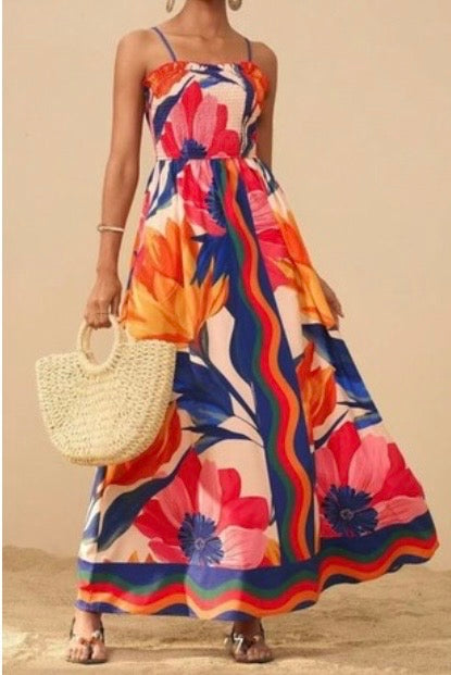 Floral Print Sleeveless smocked red dress