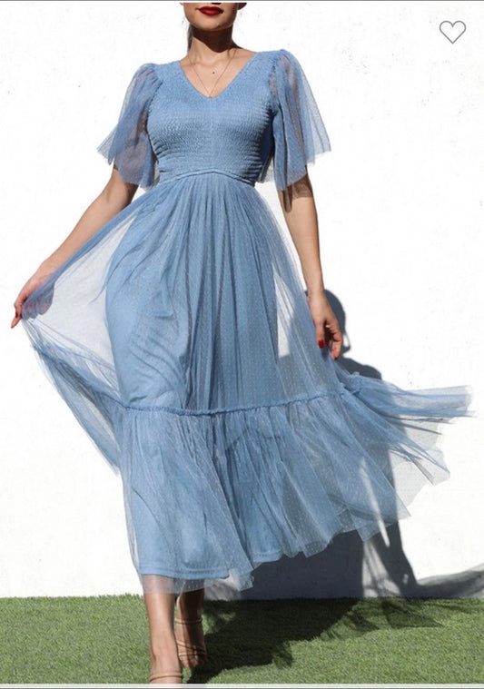 Ruffled Mesh Long Dress