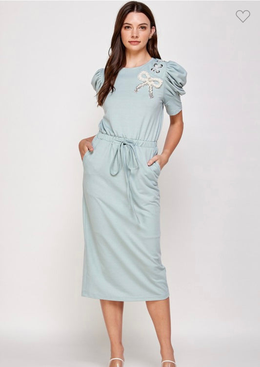 Solid Puff Sleeve Pearl Trim Tied Dress
